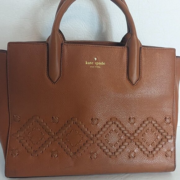 Kate Spade Flynn Street Meriweather Satchel Bag Warm Cognac Tan Braid Weave - Picture 13 of 15